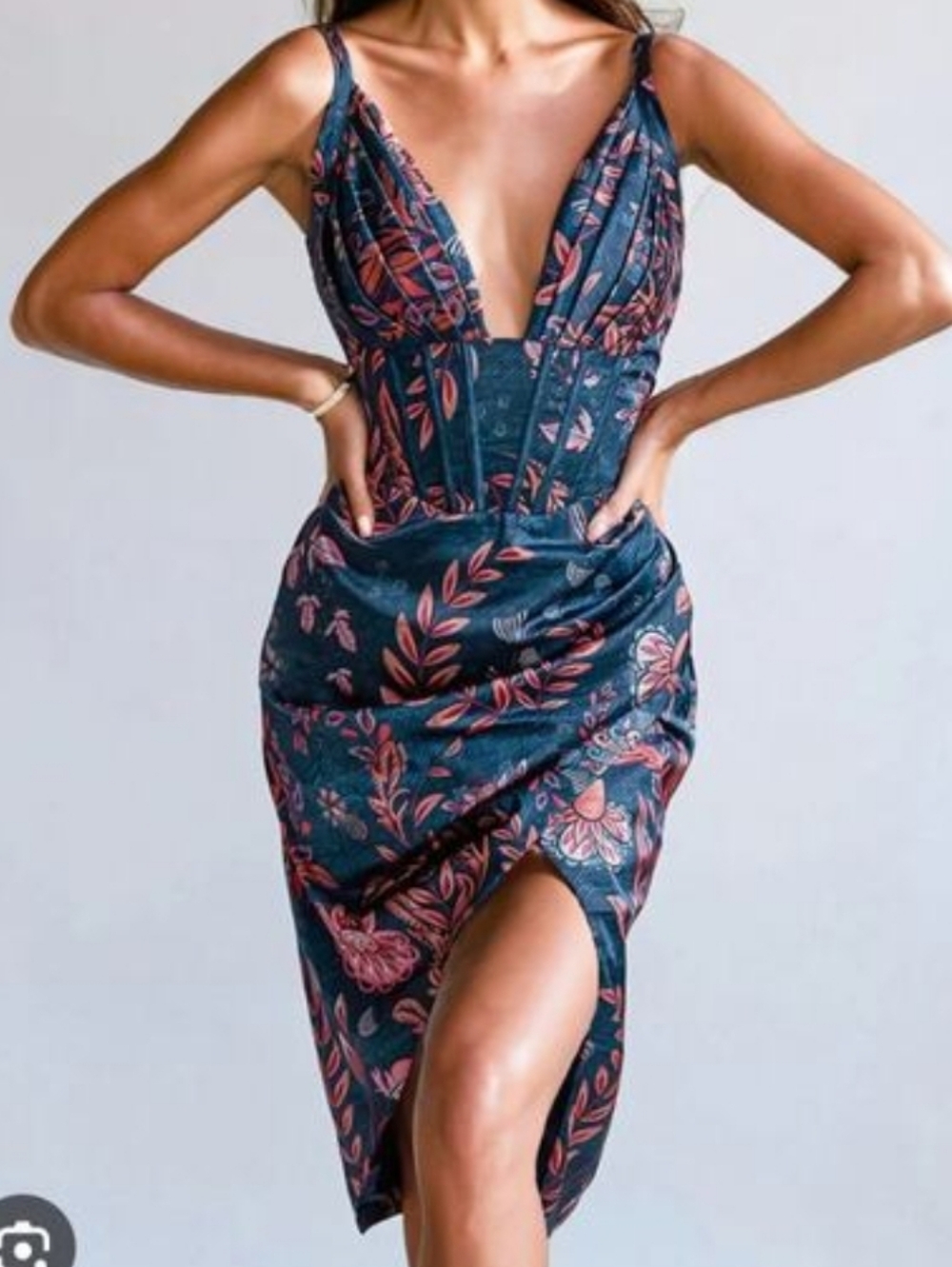 Averie Navy Midi Dress with Coral Floral Print L